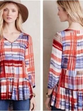 Anthropologie Plaid Peplum Tunic in Red, Blue & White